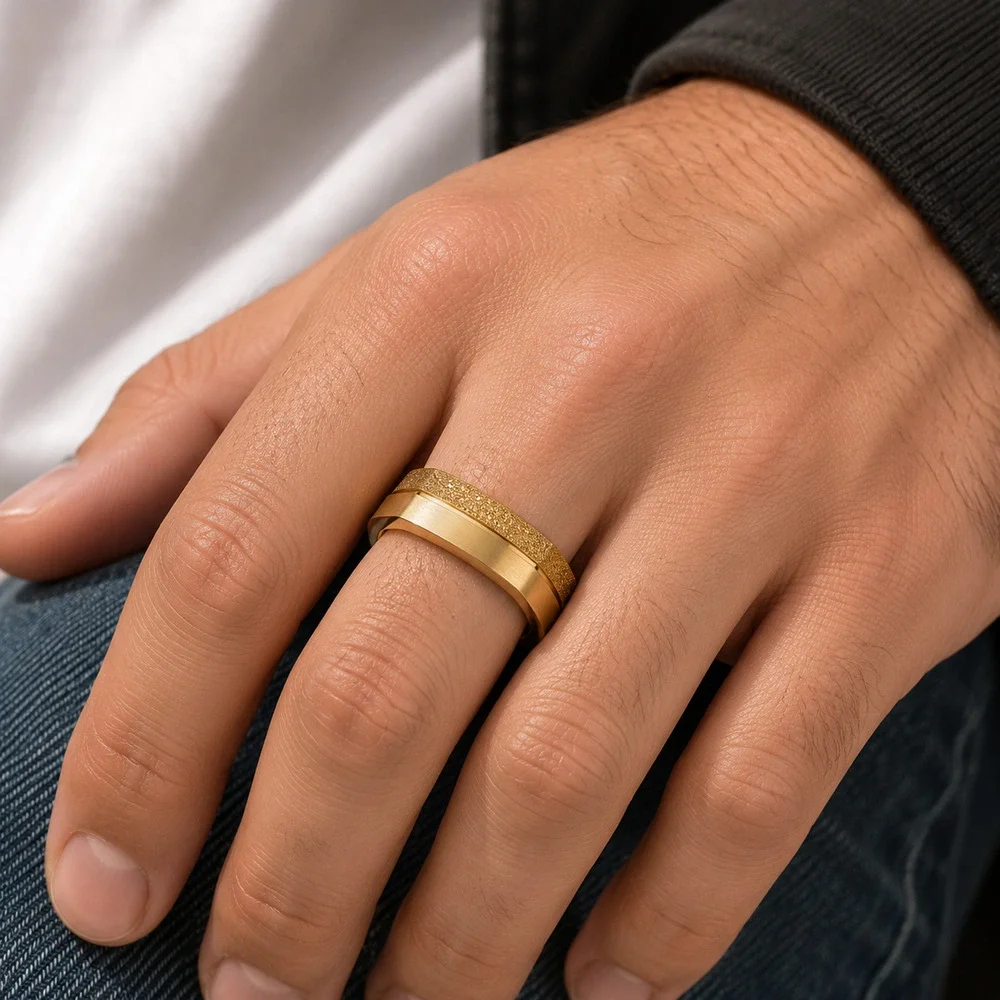 Gold Square Signet Ring 316L Stainless Steel Textured Finish Men’s size 9